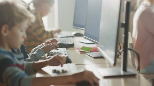 Elementary School Computer Science Classroom: Smart Little Schoolchildren Work on Personal Computer