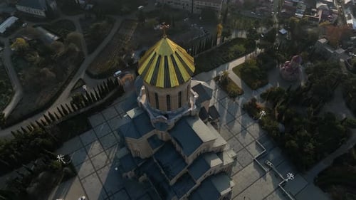 Drone view of Tbilisi city center featuring the Sameba Holy Trinity Cathedral, Georgia.