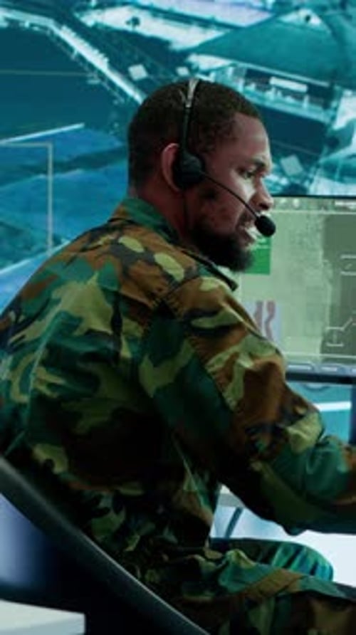 Vertical Video Soldiers in a Modern Command Center Analyze Live Data From Cctv Radar Sources