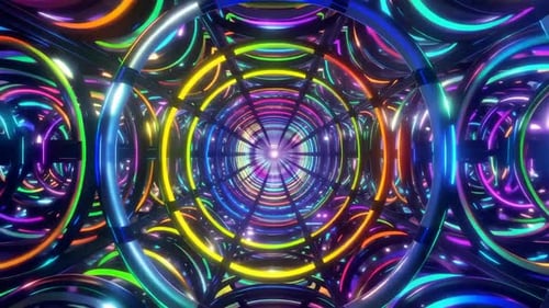 3D Loop Animation of Neon Rainbow Tunnel with Glowing Geomet