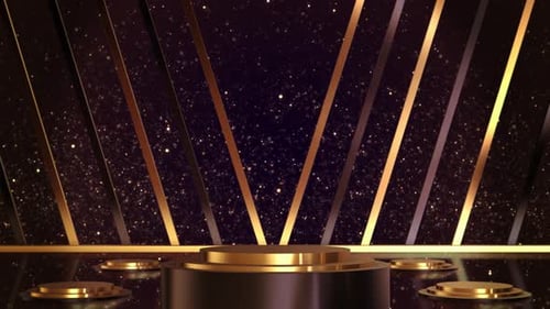Luces de podio que abren el escenario, focos dorados de animación con purpurina y lujosa racha de luces doradas