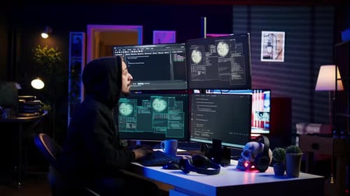 Hacker Coding on Multiple Computer Monitors