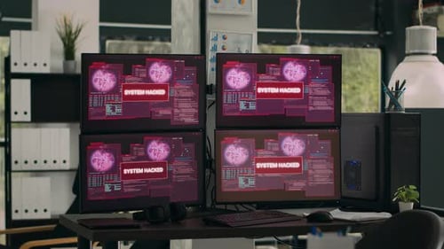 Leeres Agenturbüro mit mehreren Monitoren, die einen Systemabsturz anzeigen