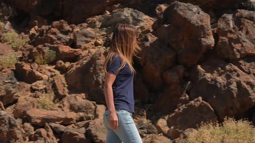 Tourist walking in Teide National Park, Tenerife, Canary Islands