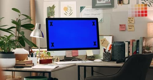 Office, mockup or green screen on computer to research network, chroma key marker or web design