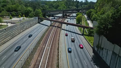 Traffic Over Interstate Highways And Railways In The City Of Georgia, Atlanta, USA. Aerial Shot