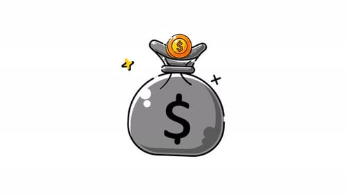 Animated Sketch Style Money Bag Icon with Falling Coin