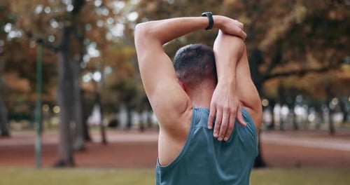 Park fitness, health and man stretching for cardio exercise running, outdoor marathon training
