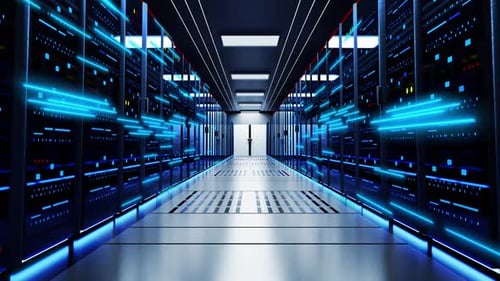 Câmera em movimento através de servidores de rack no data center