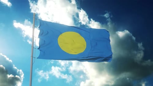 Palau Flag Waving in Realistic Blue Sky with Clouds
