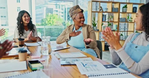 Meeting, applause and business women in office with success, achievement or victory