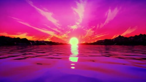 Animation rétro des années 1980 avec rochers, rivière, soleil et rose cyberpunk