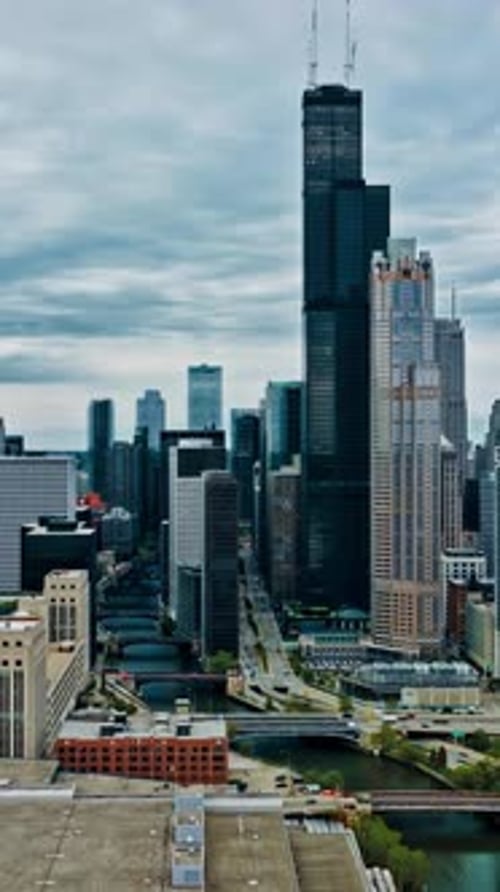 Aerial view of downtown Chicago showcasing skyline and river