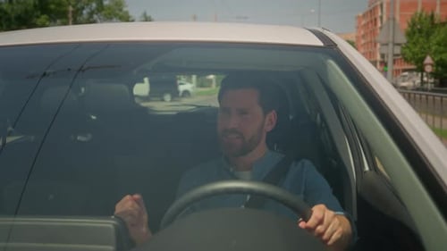Caucasian Man Happy Driver Businessman Guy Singing Driving Electric Car Road Trip City Listen Auto
