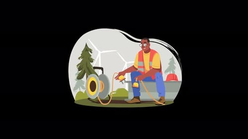 Trabalhador africano com ferramentas em um parque eólico em estilo cartoon