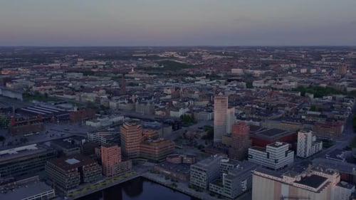 Aerial view over Malmö, Malmö university, Clarion Hotel. Evening