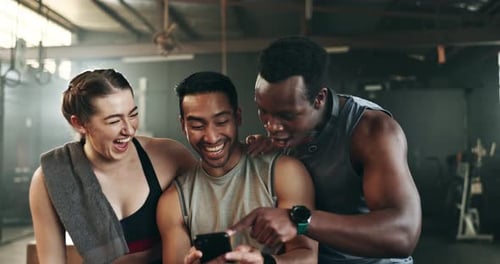 Friends, phone and reading with laughing, gym or pointing with meme, funny joke