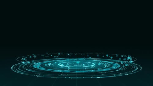 Futuristic Digital HUD Interface with Rotating Tech Icons Background