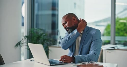 Business man, neck pain and laptop in office for project planning, stiff