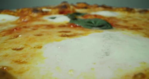 Delicious Pizza close up with cheese and basil