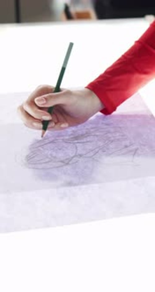 Design table, drawing and hands of woman designer in office for creative drafting or illustration