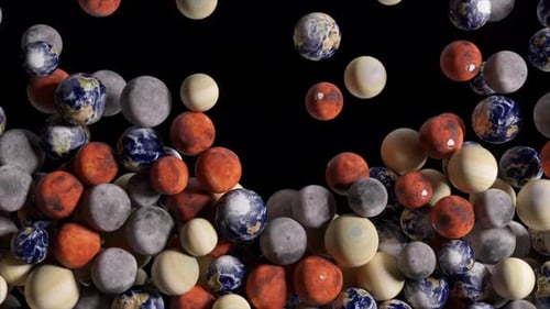 Colorful Planets Including Earth Mars Moon and Saturn are Falling and Accumulating Against a Black