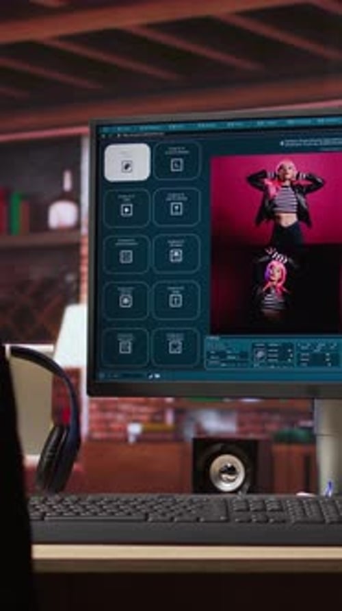 Vertical Video AI Virtual Assistant on Computer Screen Outputting High Resolution Photos