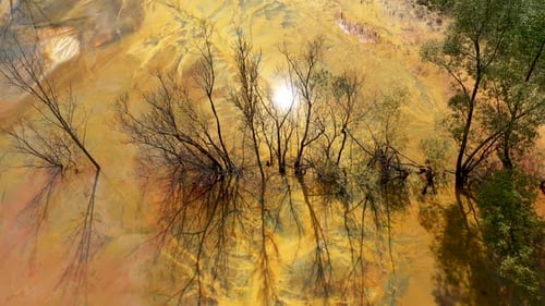Abstract aerial view of colorful acid mine water drainage in decanting lake. Natural background
