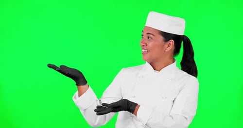 Green screen, woman face and chef hand pointing to checklist, menu and offer on mockup background
