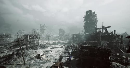 Post-Apocalyptic Destroyed City Flyover View