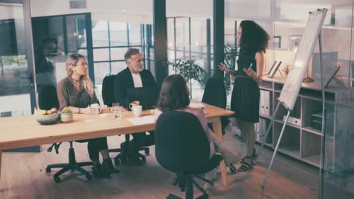 Business people, presentation and woman in office meeting with professional ideas