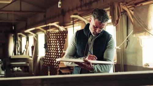 Man Worker in the Carpentry Workshop Holding Wood