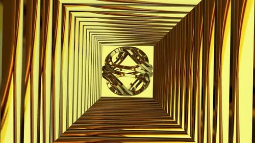 Background with a Tunnel of Gold Shapes, Figures, Reflection, 3D Render, Exclusive