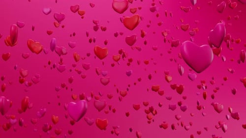 Bunch of red and pink hearts fall like confetti and spin on a pink background. Loop animation