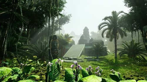 Alter Tempel und Skulpturen im tropischen Wald.