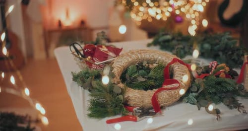 Close Up Of Christmas Wreath Decorated For Christmas Holidays