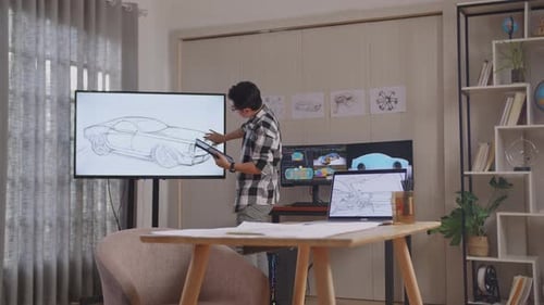 Asian Male Drawing New Car Design Concept On A Tablet In The Studio With Tv And Computers