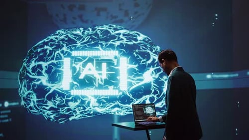 AI Researcher in Futuristic Workspace Using Artificial Intelligence