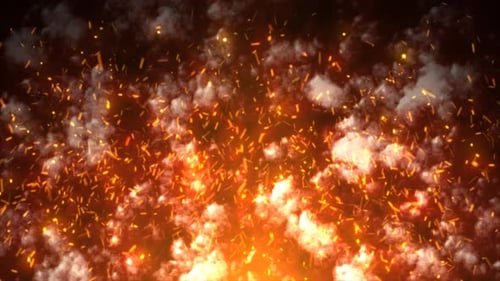 An orange glowing smoke from campfire and flying bright sparks background