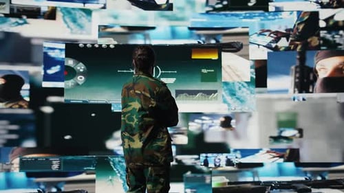 Man in Camouflage Uniform in front of Monitors