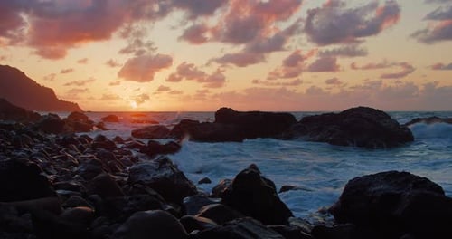 Ocean Waves Crashing Against Stone Rock Cliffs at North of Tenerife Island