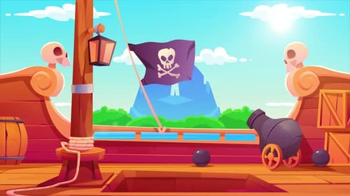Animated Pirate Ship Deck with Waving Jolly Roger Flag