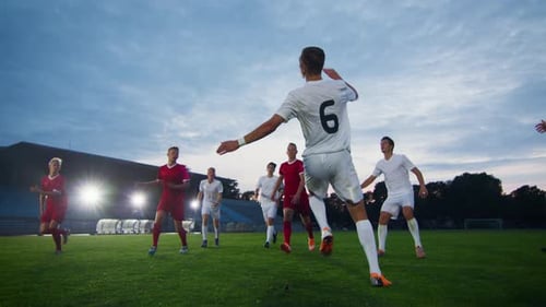 Soccer Player Receives Successful Pass and Kicks Ball and Scores Amazing Goal doing Bicycle Kick. I