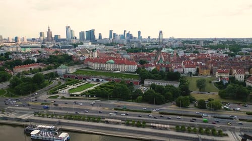 Aerial panorama of Warsaw, Poland over the Vistual river and City center in a distance Old town. Dow