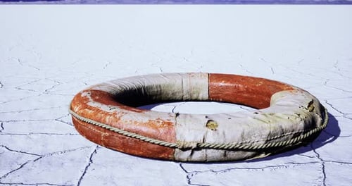 Old Distressed Lifebuoy on Cracked Ground with Panning Camera