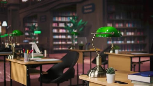 Empty Heritage Library Filled with Vintage Decorations and Refined Wooden Desks