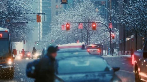 Slow Motion Snowy Winter City Streets in Downtown are Filled with Traffic Pedestrians Traffic Light