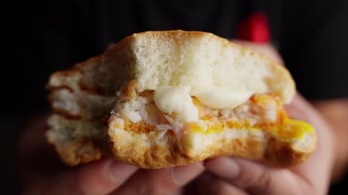 Tasty Fish Burger With Mayonnaise And Cheese On Person's Hand. Close-up Shot