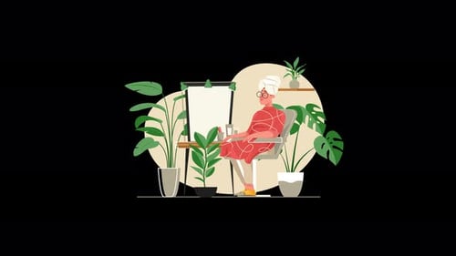 Femme âgée vêtue d'une robe rouge avec des plantes et des éléments artistiques.