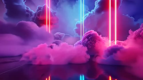 Futuristic Neon Light Beams Passing Through Ethereal Pink Clouds